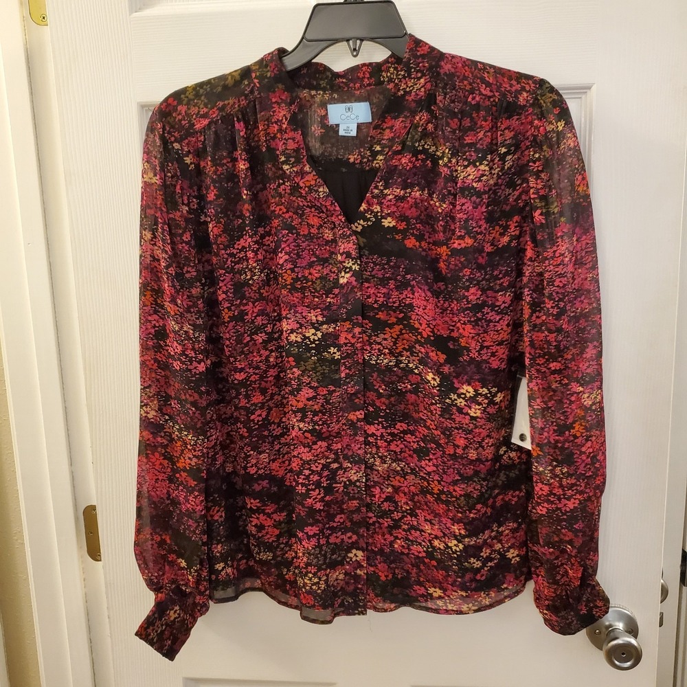 CeCe Plus Button Up Blouse sz 2X Floral Fall Bohoβ long sheer slv Career Chic